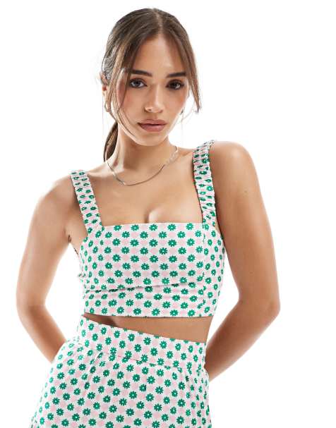Collective The Label Criss cross back top in pink green floral square