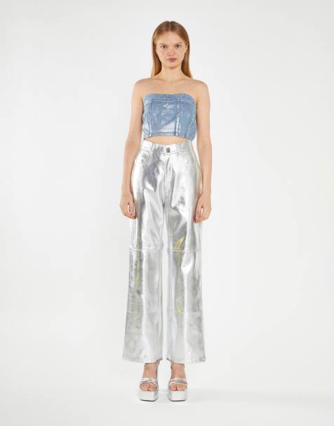 Collective The Label Crop pu trousers in silver pu - view 1