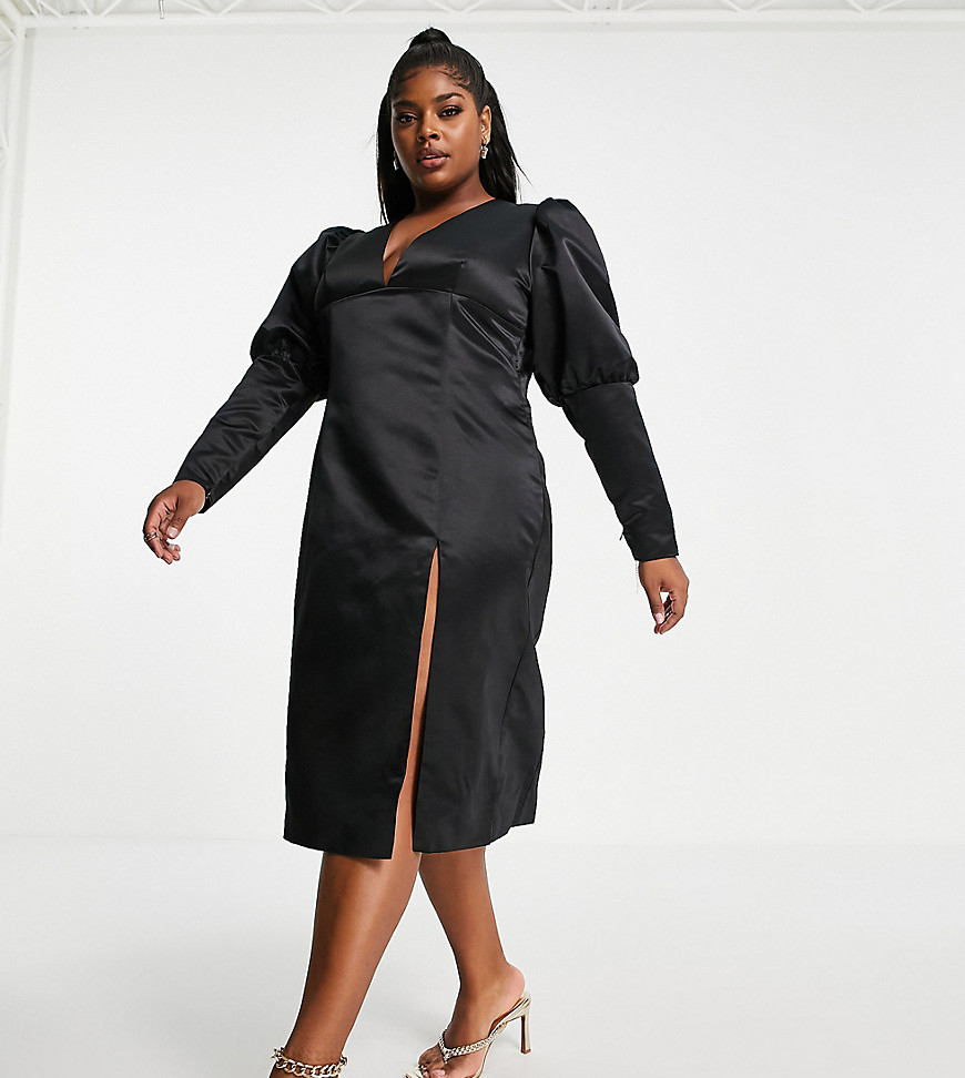 Collective The Label - Curve - Diepuitgesneden midi jurk met volumineuze mouwen in zwart
