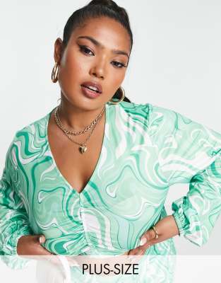 exclusive balloon sleeve crop top in green swirl print - part of a set