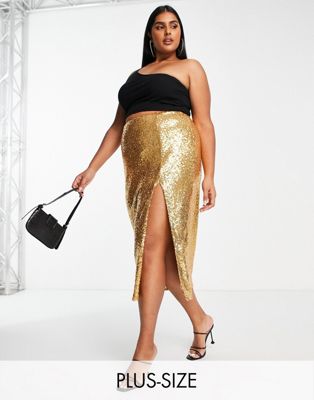 Collective The Label Curve Exclusive Midaxi Sequin Skirt In Gold