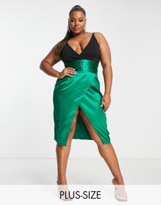 Collective the Label Curve exclusive plunge ruched waist midi dress in emerald-Black