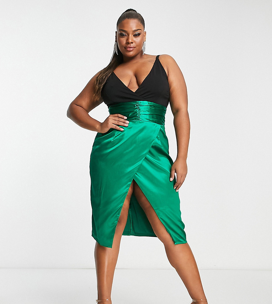 Collective The Label Curve Exclusive Plunge Ruched Waist Mini Dress In Emerald-black