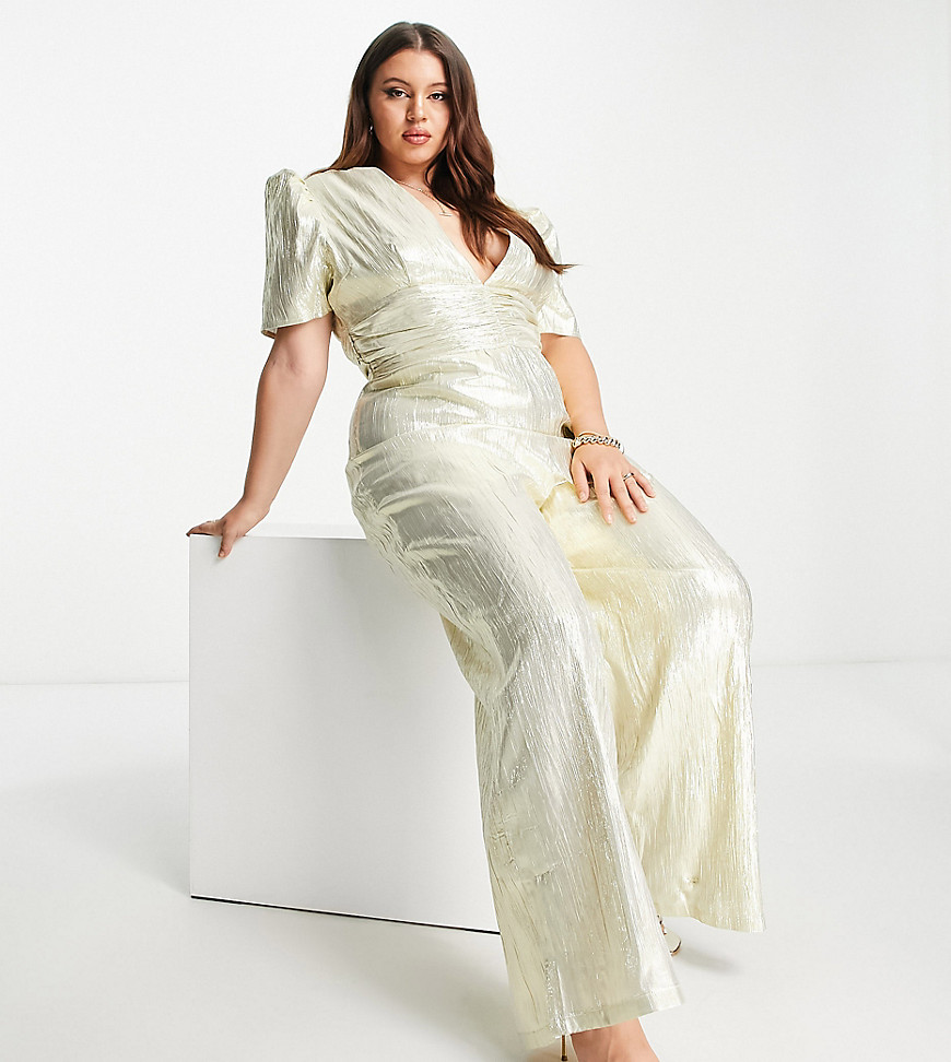 Collective the Label Curve exclusive ruched wide leg jumpsuit in champagne-Gold