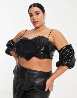 Collective the Label Curve exclusive sequin heart crop top in black - part of a set