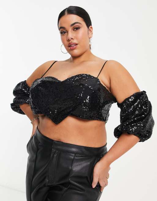 Shine Your Love Black Sequin Ruched Strapless Crop Top