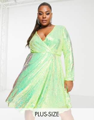 Collective the Label Curve exclusive sequin wrap mini dress in iridescent lime - ASOS Price Checker