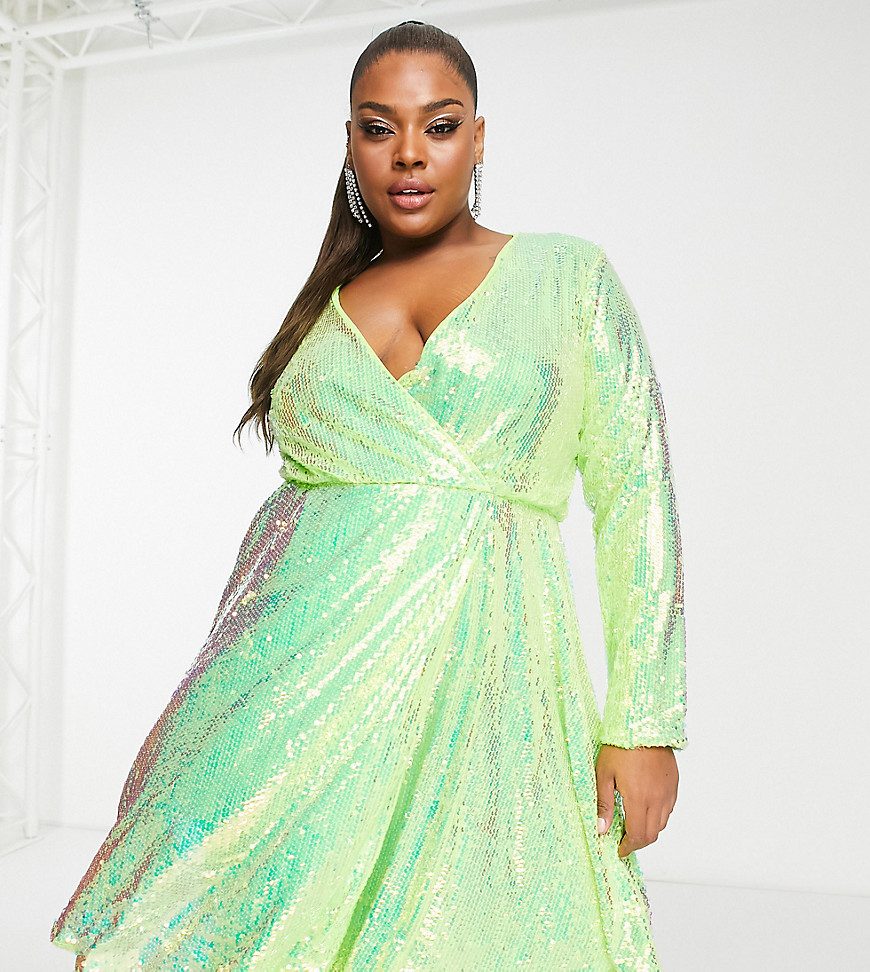 Collective The Label Curve Exclusive Sequin Wrap Mini Dress In Iridescent Lime-green