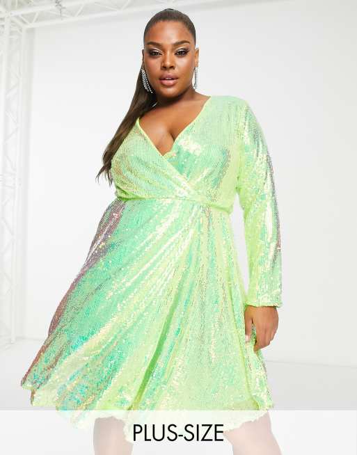 Green iridescent long 2025 sleeve sequin bodycon dress