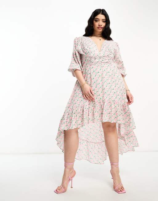 Collective The Label Curve Exclusive – Sukienka maxi z asymetrycznym dołem i falbanką w kolorze kości słoniowej we wzór w róże