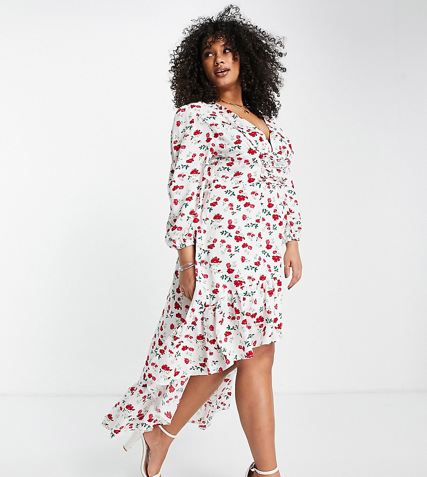 Collective The Label Curve Exclusive Volume Sleeve High Low Midaxi Dress In White Rose Floral