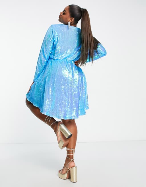Collective the Label Curve exclusive wrap front embellished mini dress in bright blue, 2 of 4