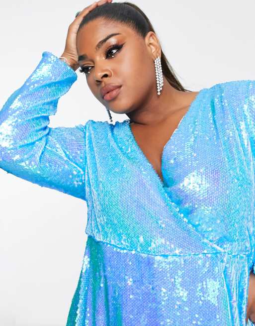 Collective the Label Curve exclusive wrap front embellished mini dress in bright blue, 3 of 4