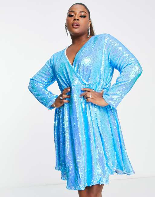 Collective the Label Curve exclusive wrap front embellished mini dress in bright blue, 4 of 4