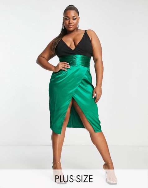 Collective The Label Curve - Exclusives - Diepuitgesneden midi jurk met gerimpelde taille in smaragdgroen - view 1