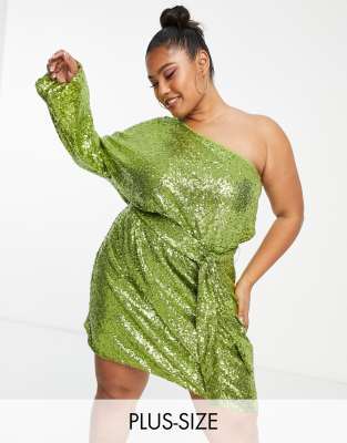 Collective The Label Curve One Sleeve Tie Waist Sequin Mini Dress In Lime-green