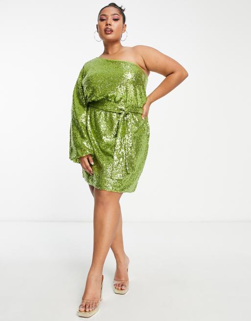 Collective the Label Curve one sleeve tie waist dress in lime ASOS