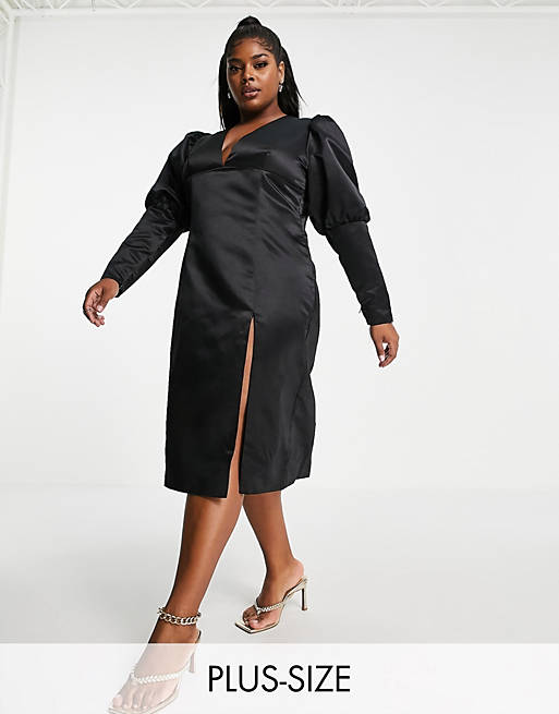 Collective the Label Curve plunge volume sleeve midi dress in black
