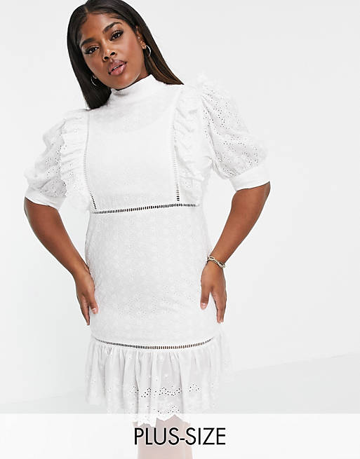 Collective the Label Curve puff sleeve cutwork lace mini dress in white