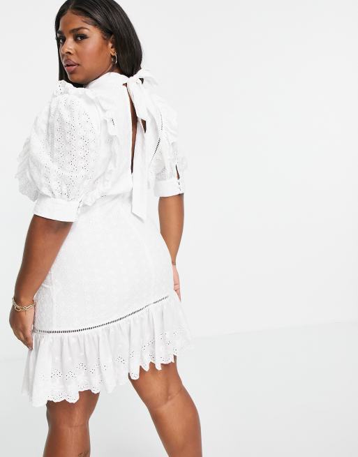 Collective the Label Curve puff sleeve cutwork lace mini dress in white, 2 of 4