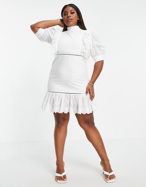 Collective the Label Curve puff sleeve cutwork lace mini dress in white, 3 of 4