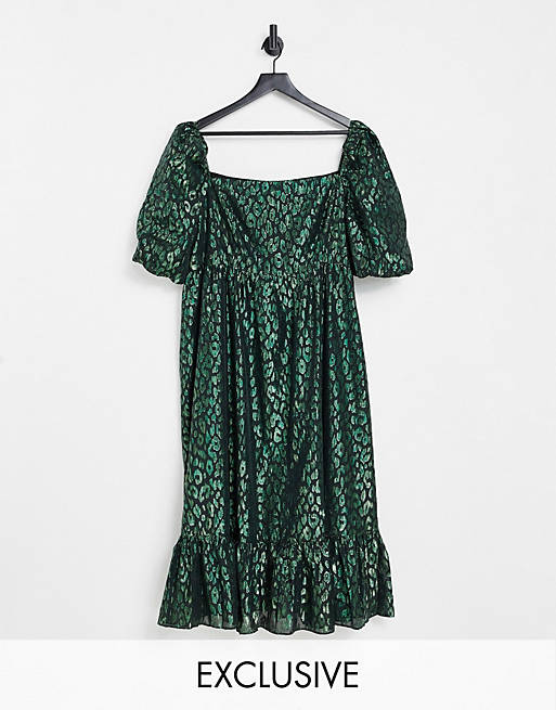 Collective The Label Curve puff sleeve jacquard midi dress in emerald green