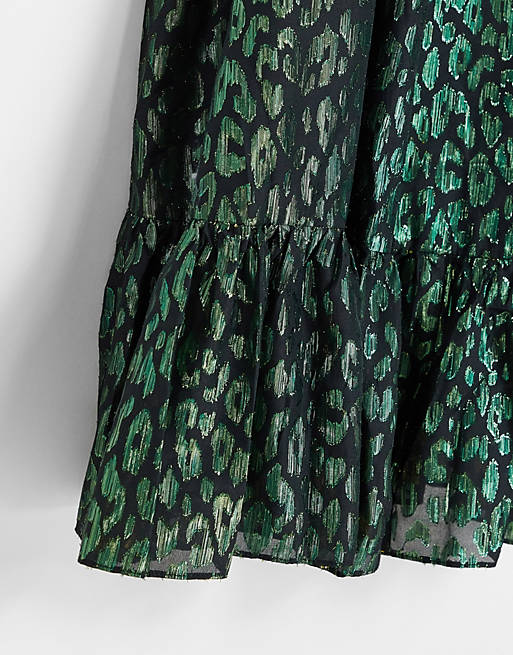 Women Collective the Label Curve puff sleeve jacquard midi dress in emerald green 