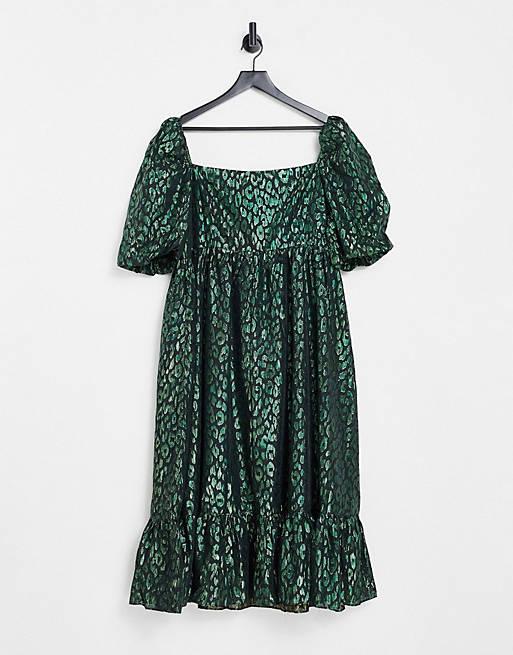 Women Collective the Label Curve puff sleeve jacquard midi dress in emerald green 