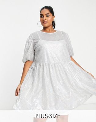Collective The Label Curve Puff Sleeve Sequin Mini Dress In Silver