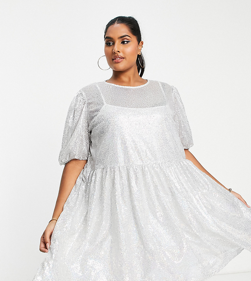 Collective the Label Curve puff sleeve sequin mini dress in silver