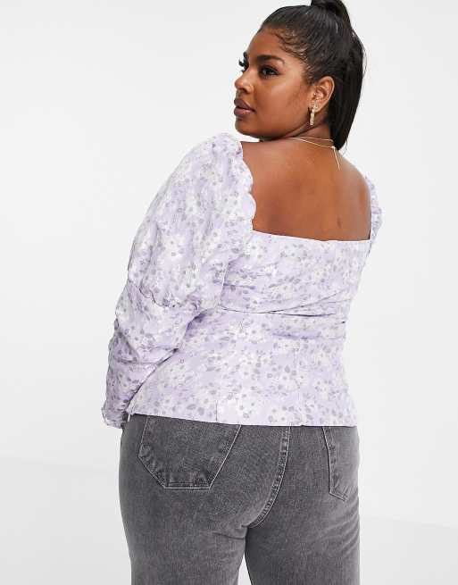 Collective The Label Curve puff sleeve statement top in pewter floral, 3 of 4