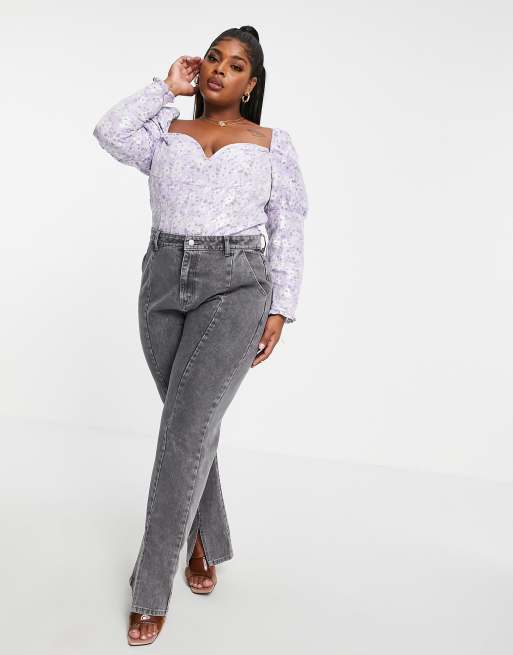 Collective The Label Curve puff sleeve statement top in pewter floral, 4 of 4