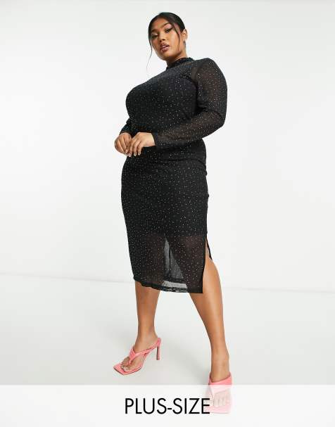 Collective the Label Curve sheer mesh diamante midi dress in black - view 1