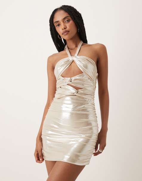 Collective The Label Cut-out halterneck mini dress in rose gold lame - view 1