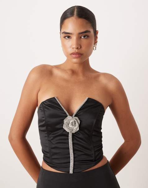 Collective The Label Diamante corsage corset top in black satin - view 1