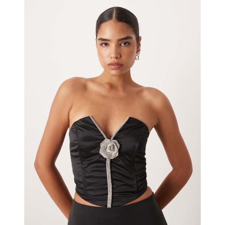 Collective The Label Diamante corsage corset top in black satin | ASOS