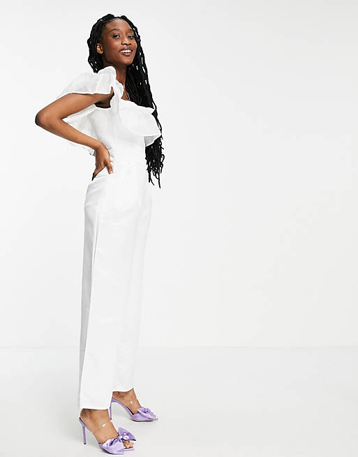 Collective the Label double frill cropped wide leg jumpsuit in white