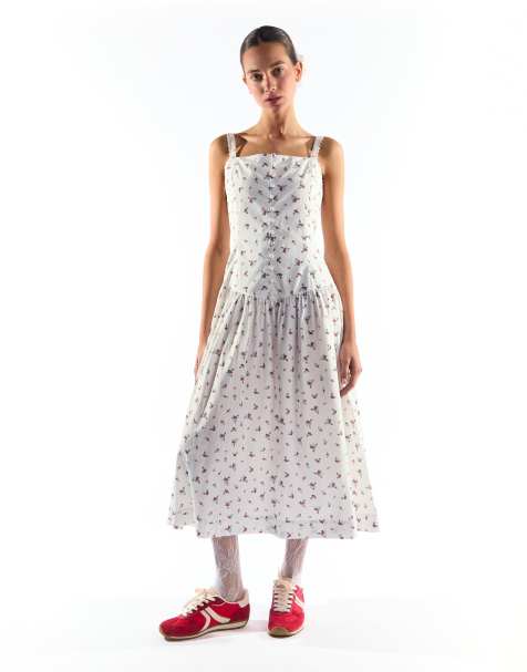 Collective The Label Dropped waist midi dress with trim in white floral