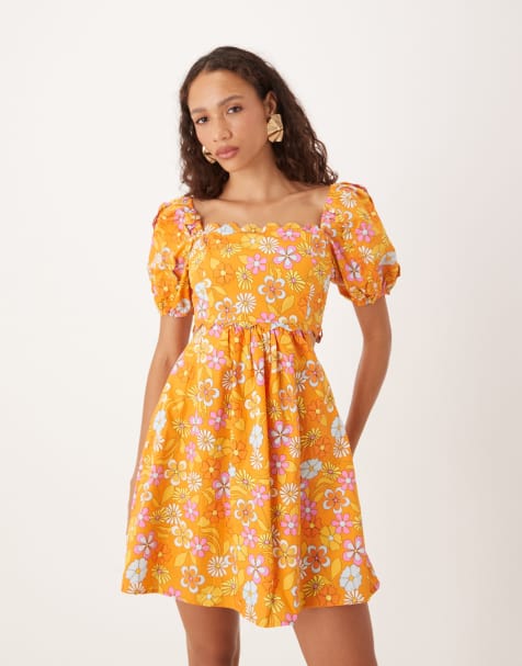 Collective The Label Empire line cut out dress in tan bright floral