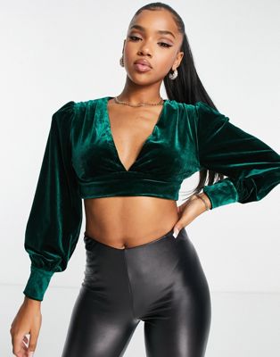 Collective the Label exclusive balloon sleeve velvet crop top co-ord in emerald