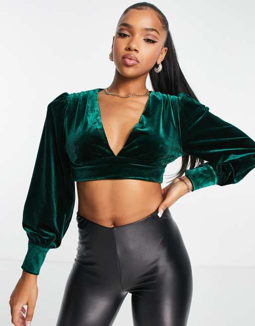 Emerald Green Top - Crushed Velvet Crop Top - Long Sleeve Top - Lulus