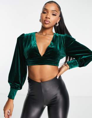 exclusive balloon sleeve velvet crop top in emerald - part of a set-Green