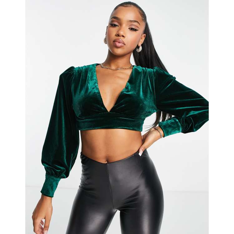 TOPSHOP IDOL GREEN VELVET RUCHED SLEEVE BLOUSE, Military green Women's Top