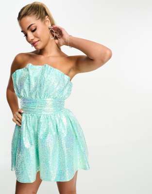 Collective The Label Collective the Label exclusive bandeau ruched playsuit in mint sequin-Blue