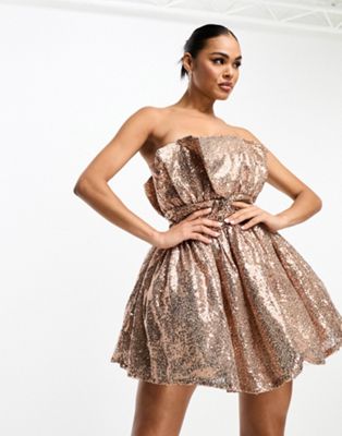 exclusive bandeau sequin mini dress in light gold