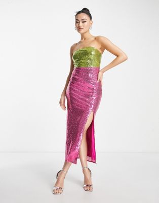 Collective the Label exclusive colour block sequin midaxi dress in lime and hot pink | ASOS