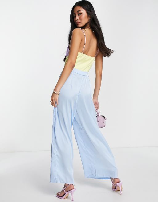 Pastel Blue Contrast Lace Trim Satin Jumpsuit