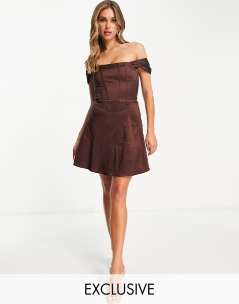 Collective the Label exclusive corset taffeta mini dress in chocolate brown - view 1