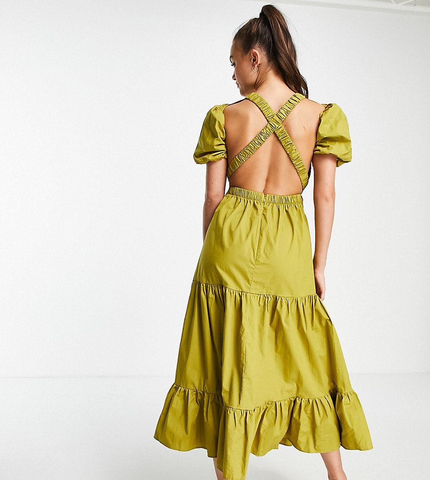 Collective the Label exclusive cross back tiered midi dress in olive green