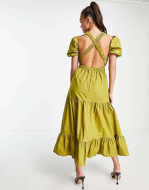 Collective the Label exclusive cross back tiered midi dress in olive green